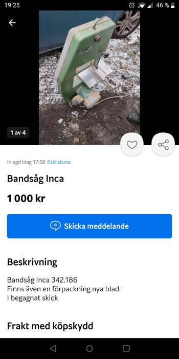 Grön bandsåg Inca utomhus på marken, till salu, med strömkabel, begagnad skick.