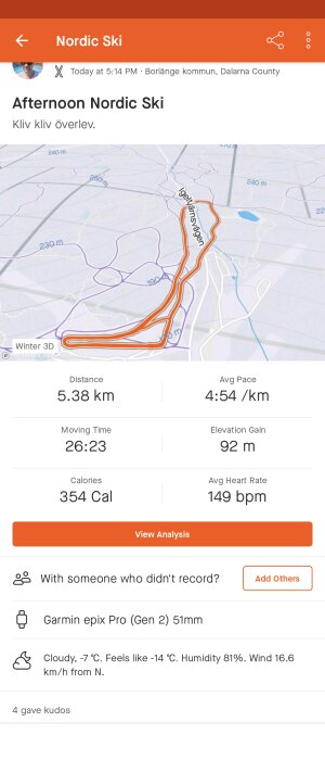 Aktivitetslogg för längdskidåkning: 5.38 km, tid 26:23, 354 kcal, kallt väder, Borlänge.