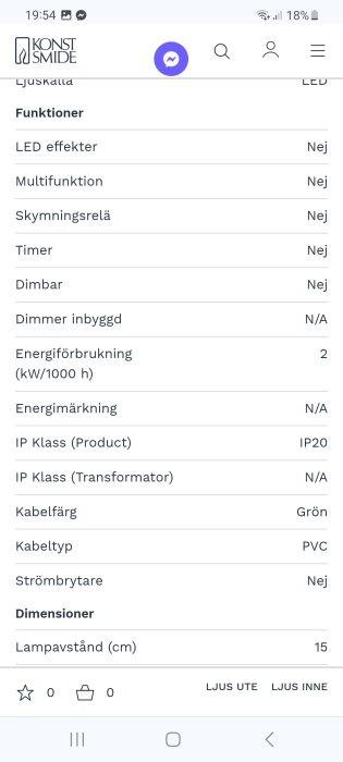 Skärmdump av produktspecifikationer för belysning, på svenska, med energiförbrukning och IP-klassning listad.