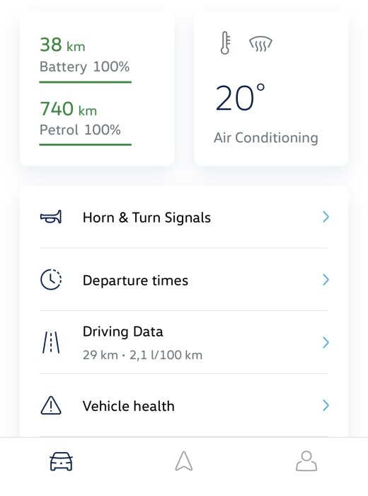 Skärmgränssnitt för bil; visar batteri, bränslenivå, AC-temperatur, kördata och fordonshälsa.