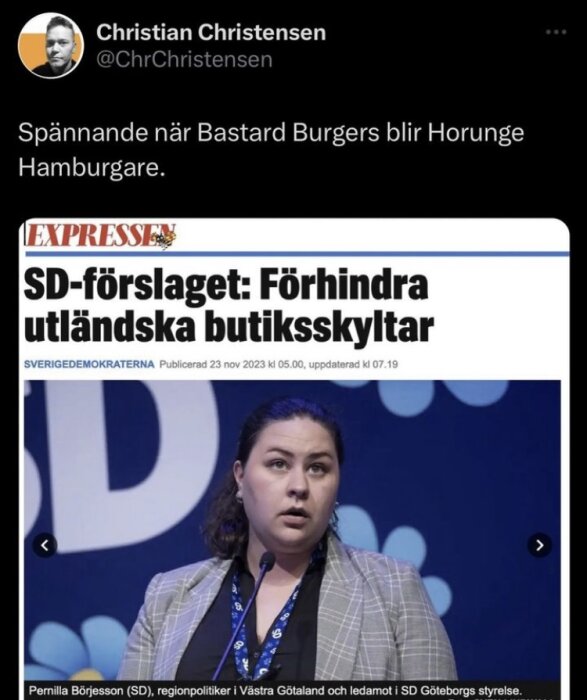 Skärmdump från Twitter, användarkommentar, tidningsrubrik om politiskt förslag, SD-politiker talar.