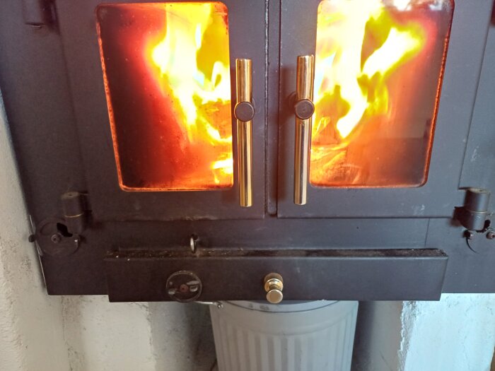 Brinnande ved i en svart modern vedeldad kamin med glasluckor.