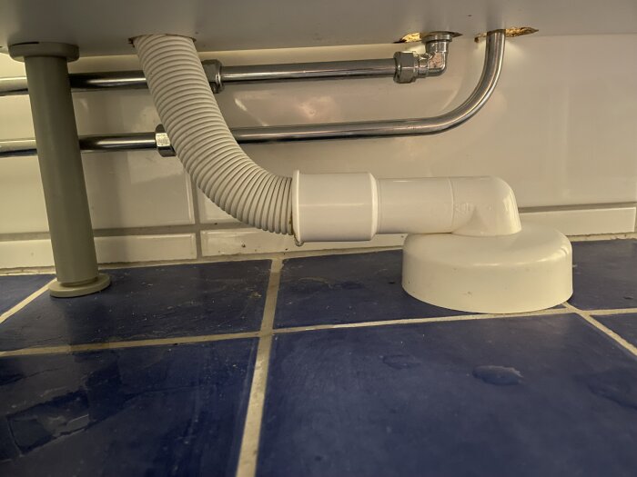 Under-sink plumbing with blue tiles, flexible hose, and white PVC pipes.