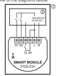 Elektriskt kopplingsschema för en smart modul, FGS-214, med terminaler för strömförsörjning och brytare.