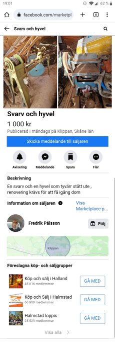Annonsskärmdump på Facebook Marketplace som visar begagnade hantverksmaskiner (svensk text), säljarens profil och lokala grupper.
