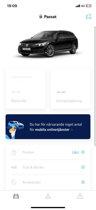 En skärmdump av en mobilapplikation för en Volkswagen Passat, visar gränssnitt med fordonets status och inställningar.