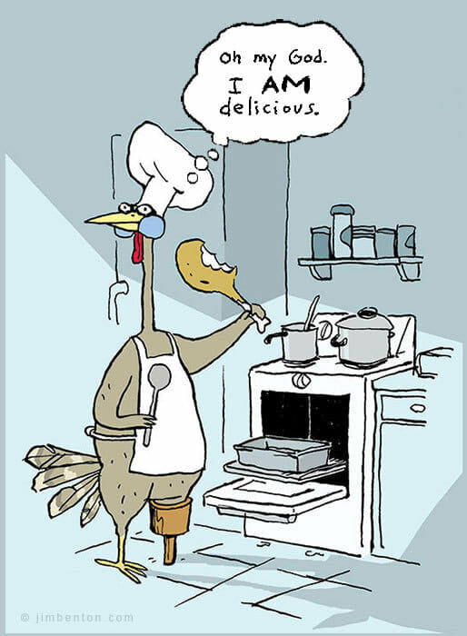 Animerad kock-fågel i kök, med tankebubbla "Oh my God. I AM delicious.", ser förvånad ut medan han håller en stek.