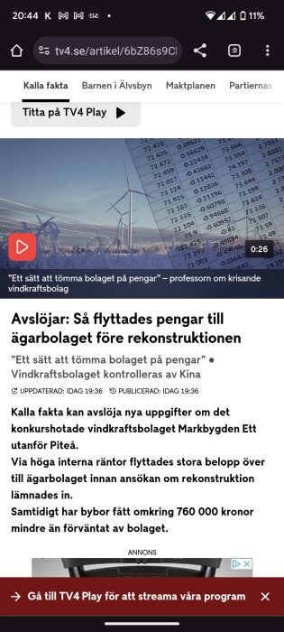 Skärmdump från webbsida; artikel om problem i vindkraftsföretag, pengar flyttades, kontrolleras av Kina.