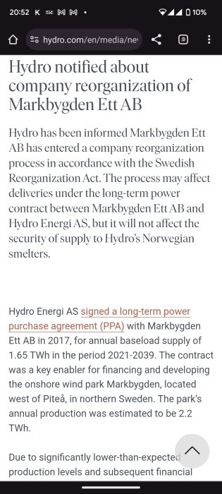 Ett skärmbild av en nyhetsartikel om företagsomorganisation från Hydro relaterat till Markbygden Ett AB.