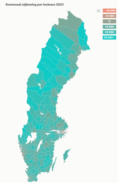 Karta över Sverige som visar kommunal utjämning per invånare 2023 i olika färger.