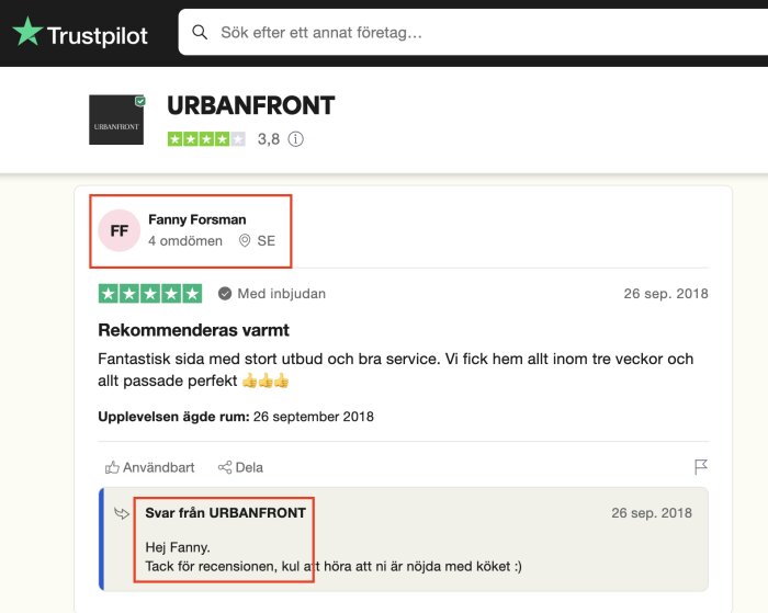 Skärmdump av Trustpilot-recension för Urbanfront med positiv kundfeedback och företagets svar.