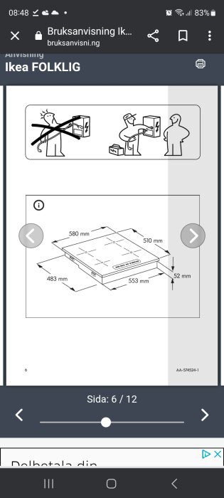 Illustration av monteringsanvisning för Ikea-möbel, med måttangivelser och säkerhetsvarningar, visas på smartphone.