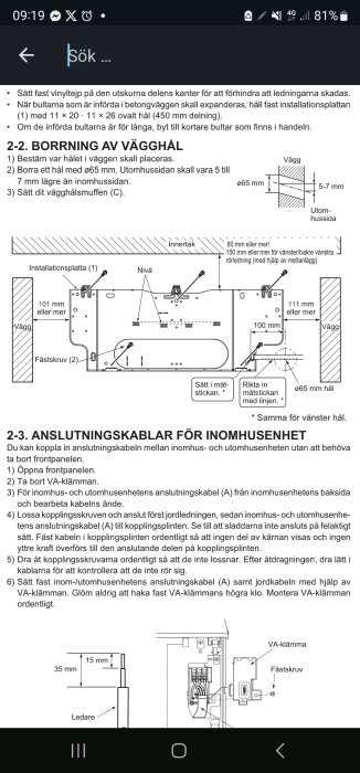 Instruktioner och diagram för installation av vägggenomföringar och anslutningskablar på svenska.