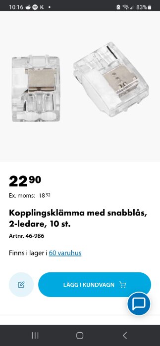 Bild på kopplingsklämmor för elkablar med snabblås, produktförpackning, prisinformation, online-handelsplattform.