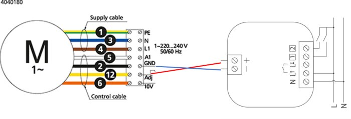 Elektrisk kopplingsschema för enfasig motor, inkluderar anslutningsdetaljer för matnings- och styrkablar.