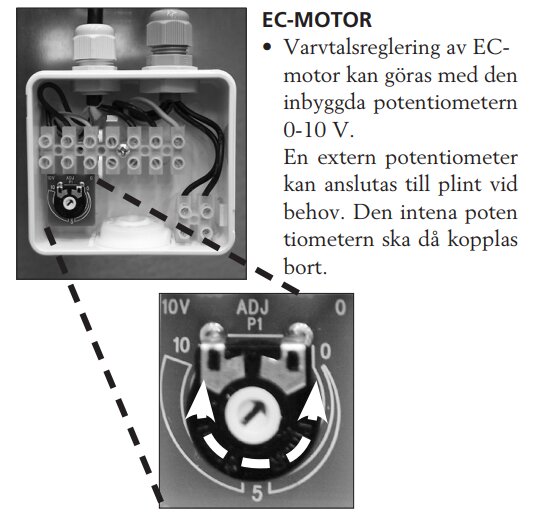 EC-motor, hastighetsreglering, inbyggd potentiometer, extern anslutningsmöjlighet, elektrisk installation, teknisk dokumentation.