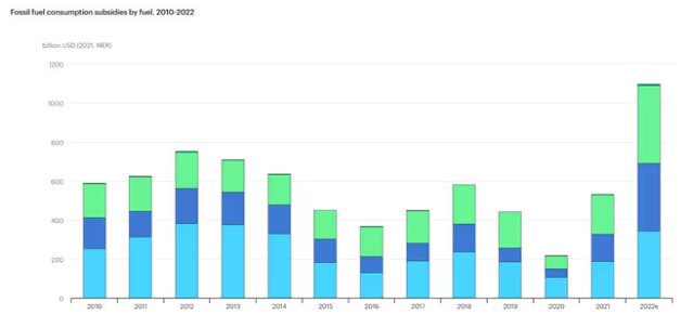 Stapeldiagram visar fossila bränslesubventioner över tid, med markant ökning år 2022.