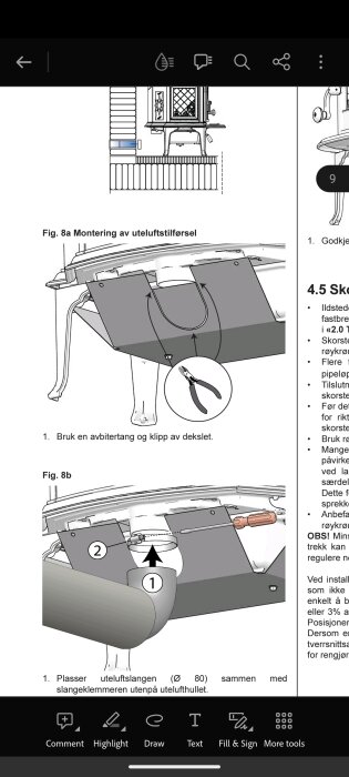 Illustration av montering för uteluftsanslutning till en vedkamin. Instruktioner och verktyg visas.