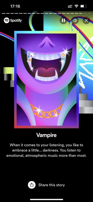 Färgglad illustration av leende vampire med text om musikpreferenser, Spotify-app, delningsknapp synlig.