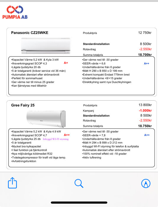 Reklamblad för värmepumpar med specifikationer och priser, energieffektivitetsklasser A+ och A++.