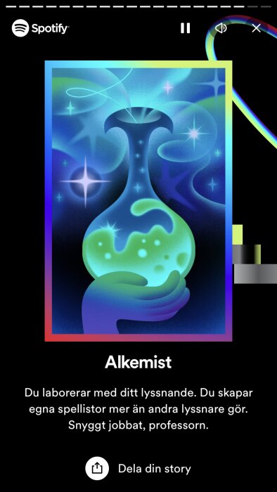 Abstrakt, färgrik illustration, Spotify-app, titel "Alkemist", text om att skapa spellistor, dela-knapp.