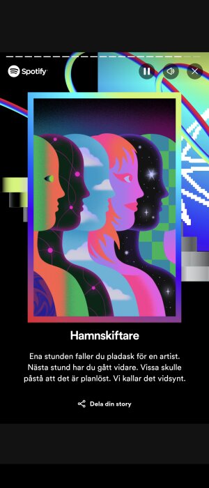 Färgrik illustration av profilerade ansikten, Spotify-gränssnitt, stjärnor, med text på svenska om musiklyssning.