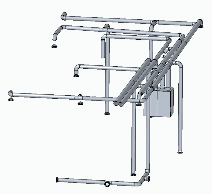 CAD-ritning av industriellt rörsystem med flödeskomponenter och fästelement på vit bakgrund.