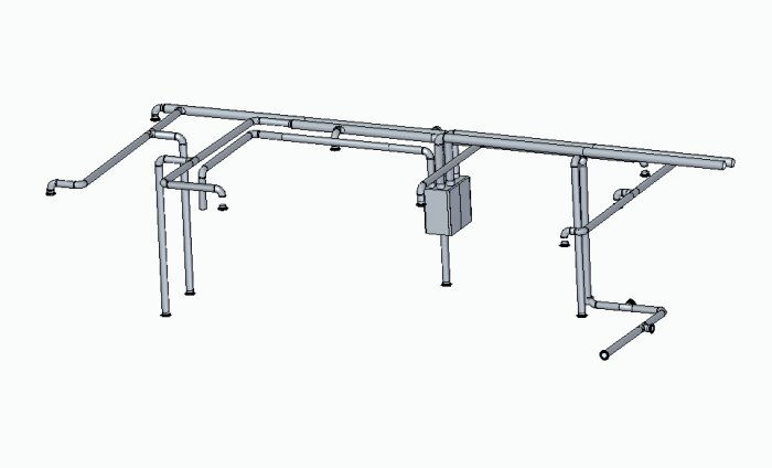 Svartvit CAD-ritning av en industriell balkkran med lyftblock och stödben.