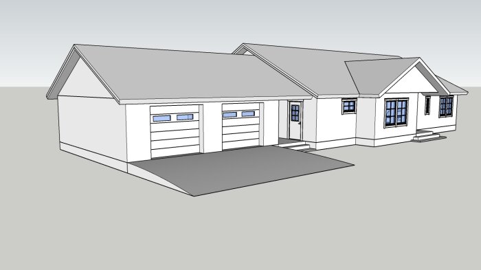 3D-ritning av ett enfamiljshus med garage och flera fönster, neutral bakgrund.