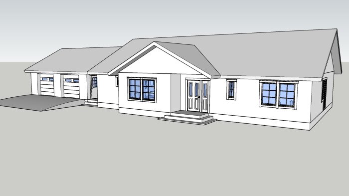 3D-modell av enfamiljshus med garage, grått tak, vita väggar och blåa fönsterluckor.