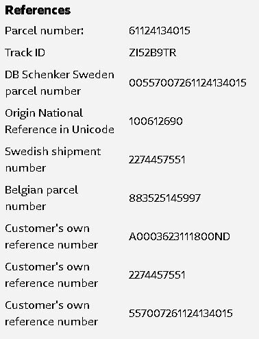 Skärmbild av en fraktsedel med spårnings- och referensnummer för ett paket.