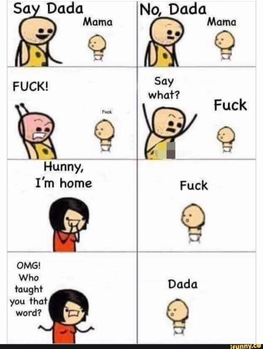 Tecknad bebis säger förolämpande ord istället för "pappa", mamma reagerar chockat, bebis skyller på pappa.