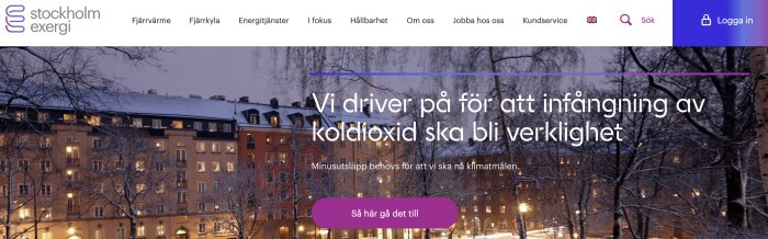 Webbsida för Stockholm Exergi, vinterlandskap, byggnader, snö, menyval, slogan om koldioxidneutralitet.