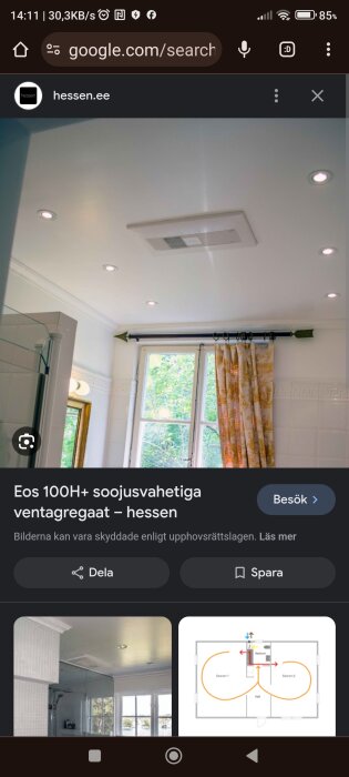 Skärmdump av en mobil webbläsare med bild på badrum och ventilationssystemets annons.