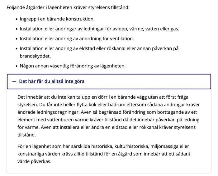 Textdokument som listar regler för ändringar i bostad som kräver styrelsens tillstånd.