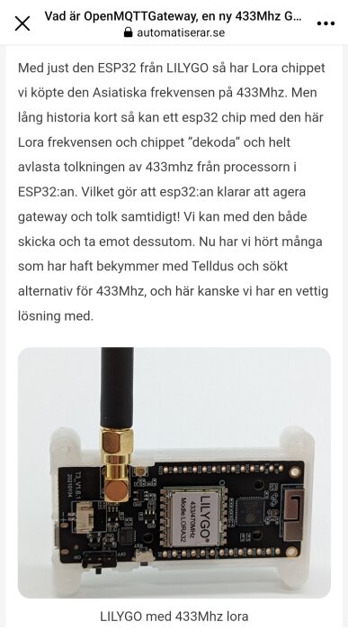 LILYGO ESP32 med LoRa chipp, 433MHz, antenn, kretskort och komponenter.