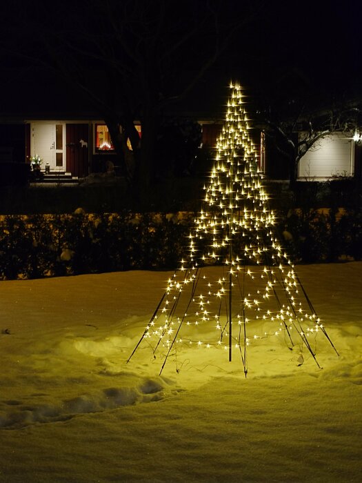 Ljus dekorerad julgran i snö framför hus med julbelysning på kvällen.