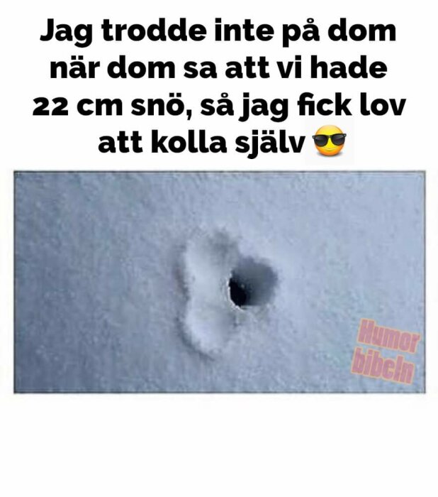 Ett foto med text på svenska, skämtsamt tvivel om snödjup, snöhål som liknar en överraskad min.