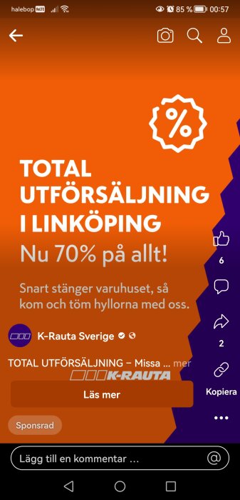 Reklam för total utförsäljning i Linköping med 70% rabatt, sponsrat inlägg för K-Rauta Sverige på social media.