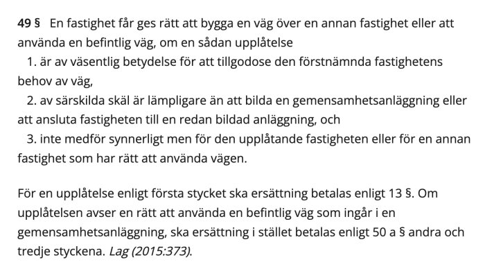 Svensk juridisk text om rättigheter relaterat till fastighetsanvändning och vägbyggnad. Lagreferens ingår.