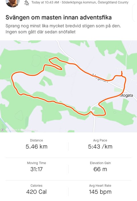 Skärmavbild av löprunda; 5.46 km, tid 31:17, kartans vy, statistik och kommentar om snö.