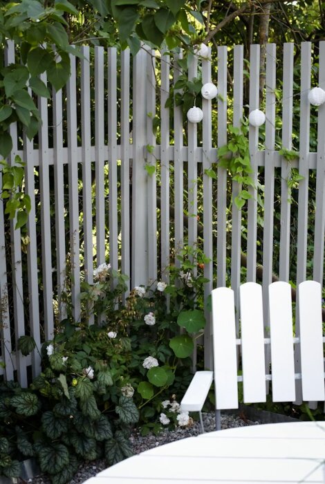 Vitt staket med bladverk, ljusslinga, del av trädgårdsmöbel synlig, lugn miljö, dagtid.