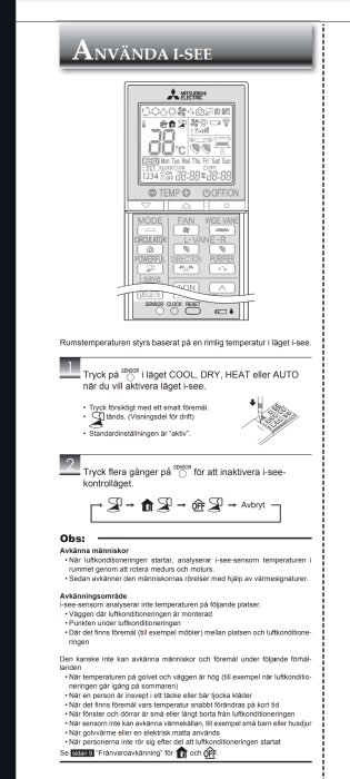 Anvisning om hur man använder I-SEE sensorfunktion på Mitsubishi Electric luftkonditionering med illustrationer och text på svenska.