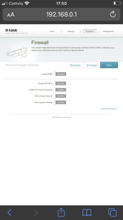 Skärmdump av router-gränssnitt, D-Link, firewall-inställningar, alla funktioner avaktiverade, IPv4 och IPv6 regler.