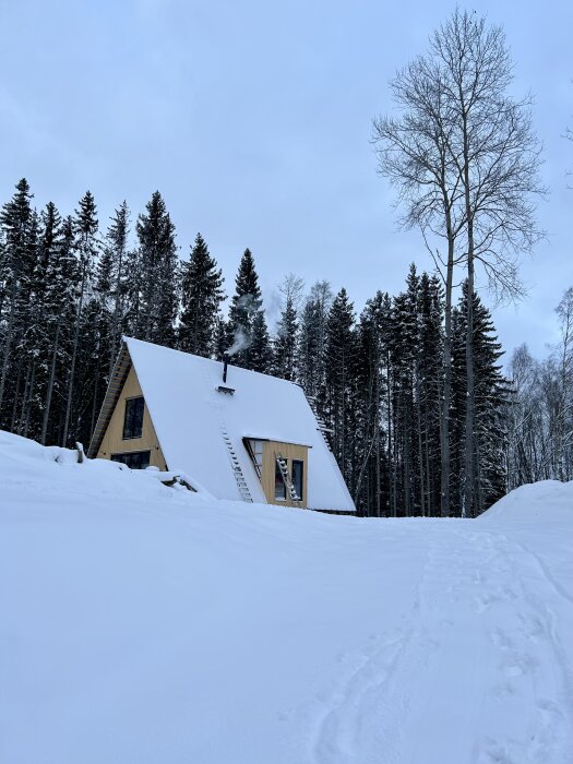 Ett snötäckt A-ramhus i en skogsglänta, med fotspår och dimmig bakgrund.