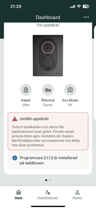 En appskärmbild som visar ett felmeddelande för en elbilsladdare med instruktioner för felsökning.