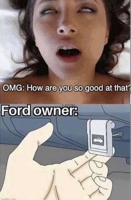 Meme med två rutor: oväntad reaktion, och hand som håller en bilnyckel med Ford-logotyp. Humoristisk bild.