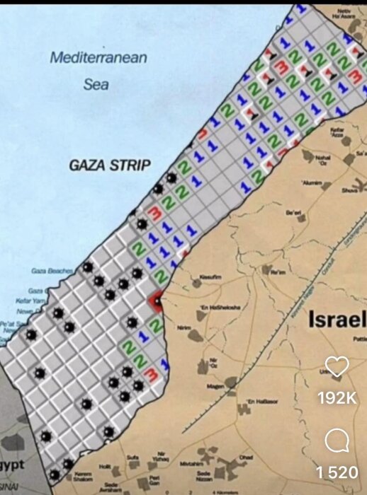 Satirisk karta avser Gazaremsan med Minesweeper-datorspelsgrafik, likes, och kommentarsymboler.