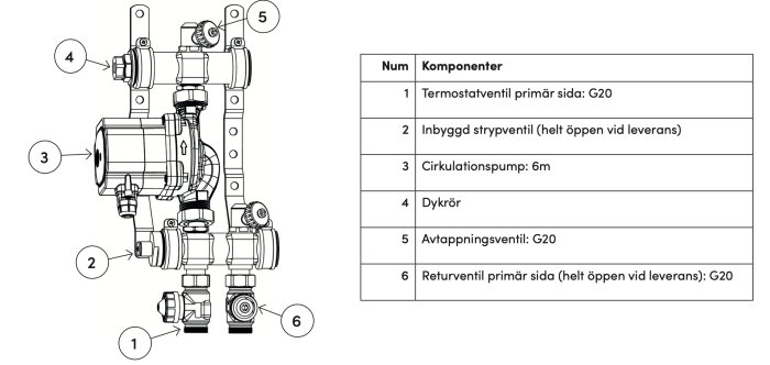 Schematisk illustration av en systeminstallation med komponentförteckning, inkluderar pump och ventiler.