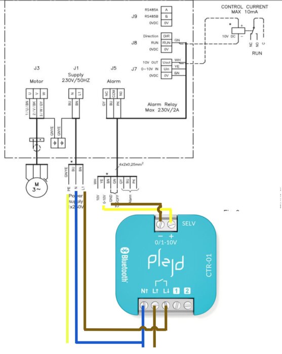 Elektriskt kopplingsschema med både diagram och anslutningar till en Bluetooth-modul avsedd för styrning och kontroll.